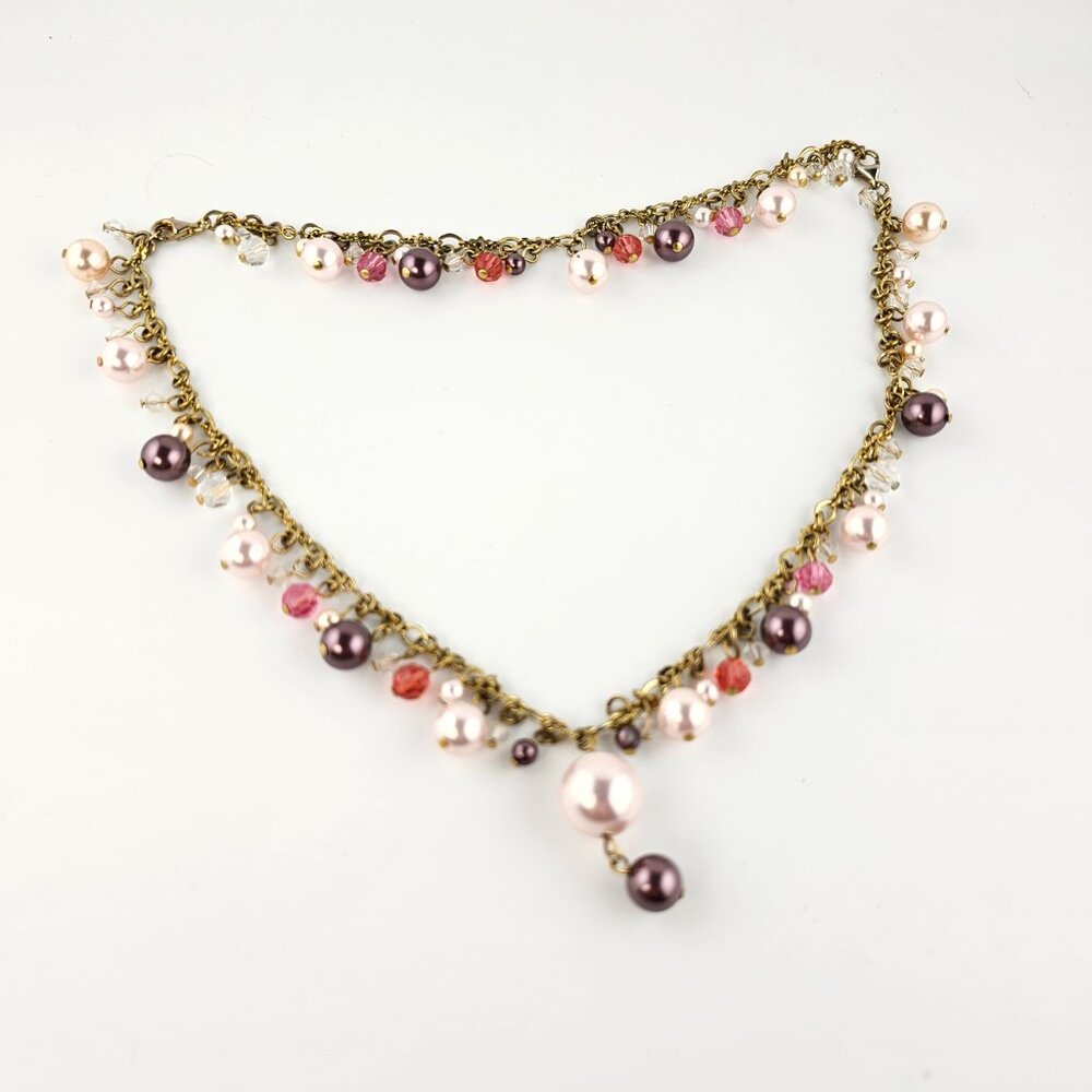 Faux Pearl Charm Necklace Gold Tone Double Clasp Multicolor Beaded - Picture 3 of 10